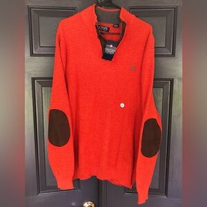 Chaps Men's XL Knit Sweater Classic Fit Mock 1/4 Button Orange Elbow Patches NWT